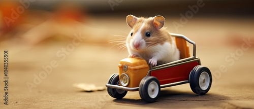 An adorable hamster driving a miniature car photo