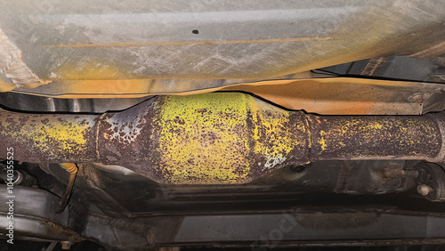 close up of an old spray painted catalytic converter from exhaust system in automobile