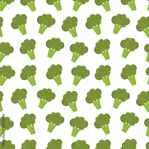 Seamless pattern of green broccoli on white background. Fresh vegetables for print.