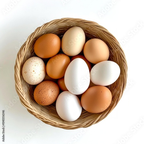 Wallpaper Mural A basket filled with fresh eggs. The image showcases a harmonious blend of brown and white eggs. Perfect for culinary themes and food-related projects. Natural and simple aesthetic. AI Torontodigital.ca