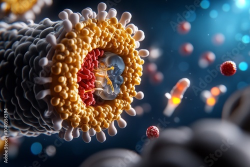 Hyper-realistic depiction of ion exchange, with potassium and sodium ions passing through a highly detailed cell membrane during a nerve impulse photo