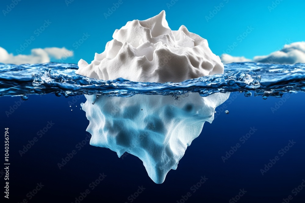 Obraz premium Iceberg floating in a cerulean sea, with bright white and blue tones of the ice shining against the deep, crystal-clear water