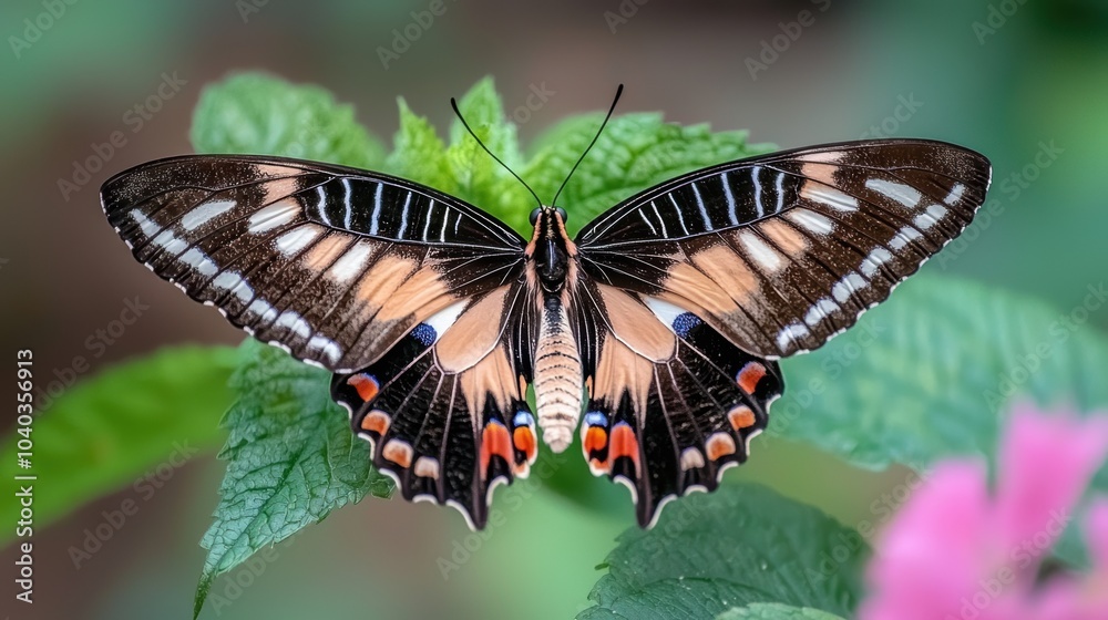 Fototapeta premium A butterfly with its wings spread, showing symmetrical patterns and vibrant colors