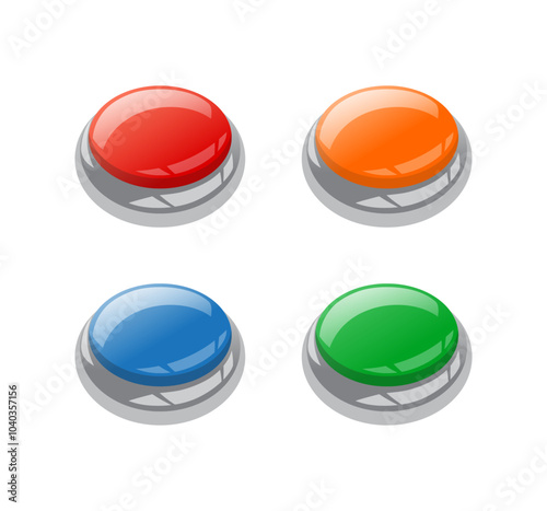 Volumetric buttons in red, blue, green and orange colors. Set of isolated vector illustrations