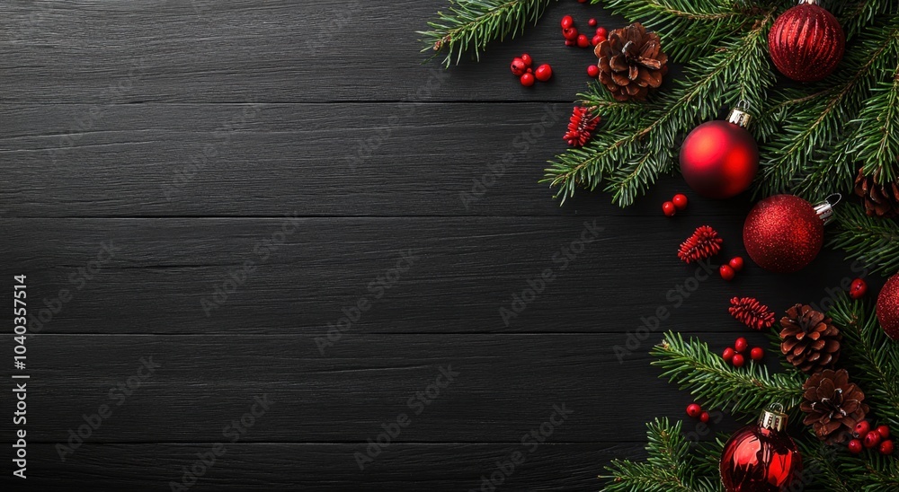 Christmas background with red and green decorations on a black slate surface, with copy space for text and a wide banner frame design Generative AI Christmas background with red and green decorations on a black slate surface, with copy space for text and a wide banner frame design Generative AI