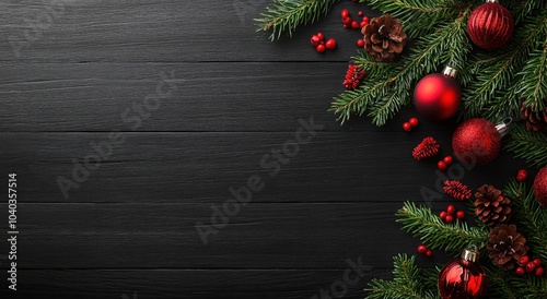 Christmas background with red and green decorations on a black slate surface, with copy space for text and a wide banner frame design Generative AI