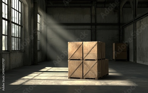 Abandoned warehouse interior, with shadows cast by crates and broken windows, symbolizing a suspenseful hideout photo