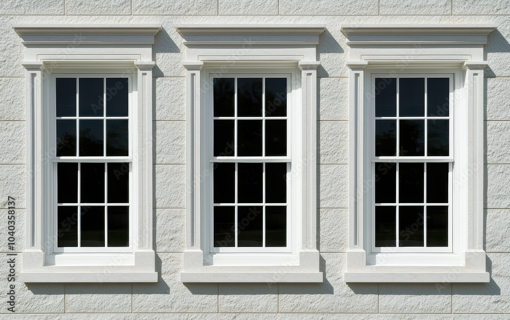 Close-up of a building facade with symmetrical windows, highlighting architectural precision Close-up of a building facade with symmetrical windows, highlighting architectural precision
