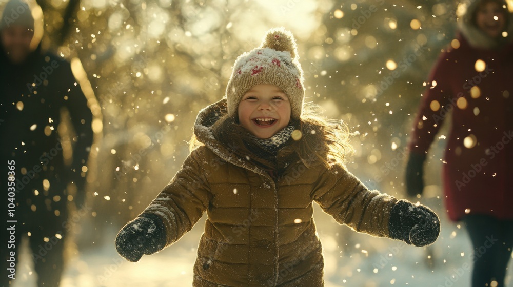 A delighted child in a warm coat and hat plays in the snow, surrounded by family members. The sunlight filters through the trees, creating a magical winter atmosphere filled with falling snow. A delighted child in a warm coat and hat plays in the snow, surrounded by family members. The sunlight filters through the trees, creating a magical winter atmosphere filled with falling snow.