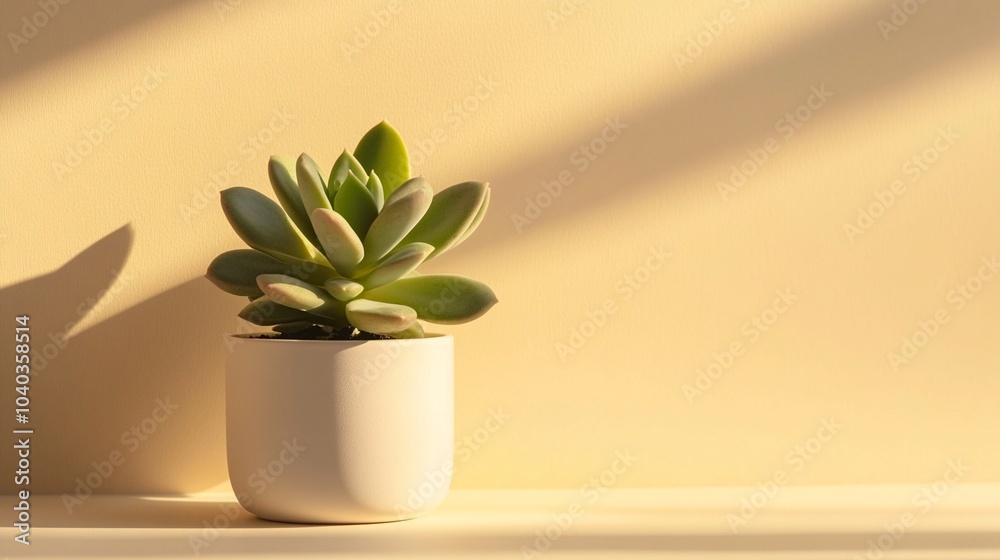 Succulent plant in white ceramic pot casting long shadow on beige wall, minimalist home decor with natural light creating serene ambiance. Succulent plant in white ceramic pot casting long shadow on beige wall, minimalist home decor with natural light creating serene ambiance.