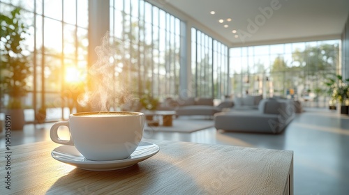 white coffee cup on a table in a bright living room