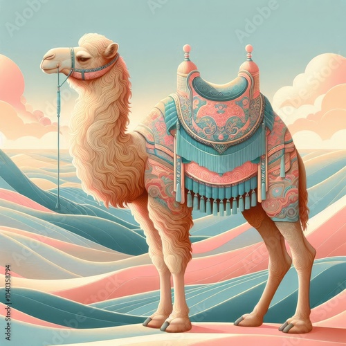 Vibrant Illustration of a Decorated Camel in a Desert Landscape: Detailed Patterns, Ornate Saddle, Soft Pastel Colors, Surreal Sand Dunes, and Dreamlike Atmosphere in 8K Resolution