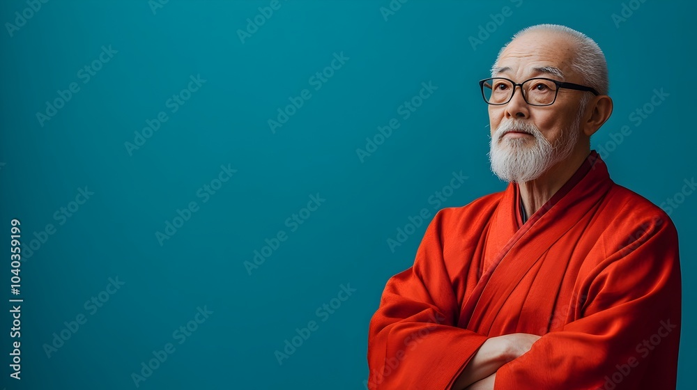 Portrait of a wise elderly Chinese scholar dressed in traditional silk robes appearing contemplative and thoughtful against a plain azure blue background with ample copy space above the subject Portrait of a wise elderly Chinese scholar dressed in traditional silk robes appearing contemplative and thoughtful against a plain azure blue background with ample copy space above the subject