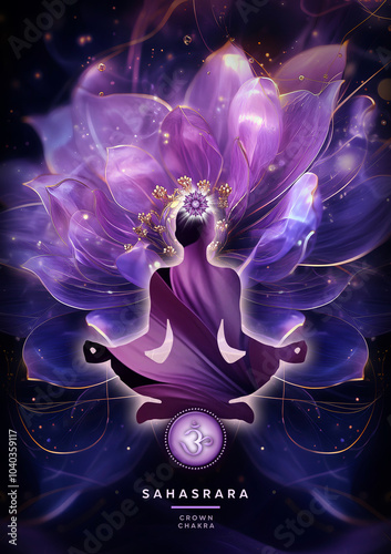 Crown chakra meditation in yoga lotus pose, in front of Sahasrara chakra symbol. Peaceful decor for kinesiology practitioners, massage therapists, reiki and chakra energy healers, yoga studios etc.