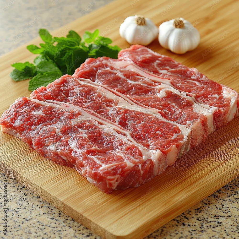 sliced raw steak on a wooden serving platter, garnished with garlic and rosemary