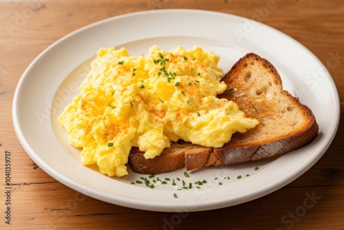 Sourdough toast scrambled eggs plate food. photo