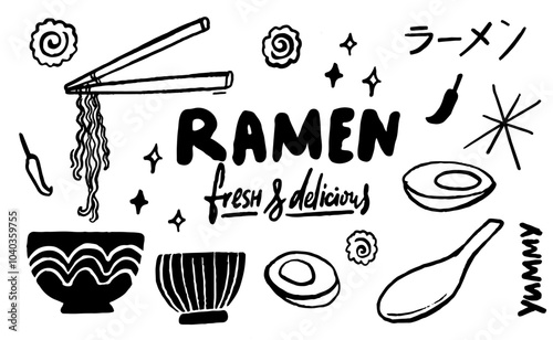 Ramen black sketch doodles, hand drawings, simple and trendy graphics. Noodle bowl, hanging on chopsticks, ingredients