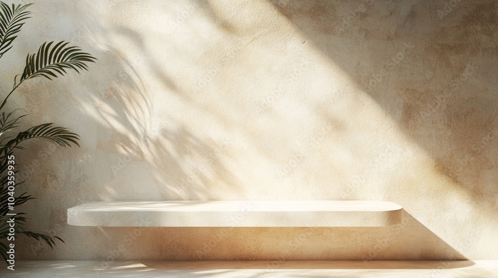 Minimalist concrete platform bathed in soft sunlight, casting gentle shadows on textured wall. Palm fronds add organic touch to serene scene. Minimalist concrete platform bathed in soft sunlight, casting gentle shadows on textured wall. Palm fronds add organic touch to serene scene.