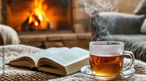 Cozy scene with a steaming cup of tea and a book near a warm fireplace, embracing winter comfort