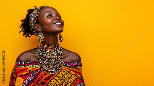 Portrait of a Kenyan woman wearing a vibrant kanga wrap and beaded jewelry set against a sunny yellow background with studio lighting  The image captures the energy culture photo