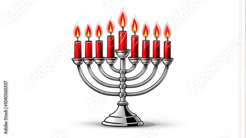 Illustration of a traditional menorah with lit candles on a white background with copy space