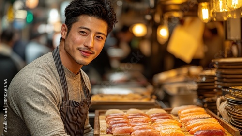 chef posing in the kitchen with fish prepared for cooking