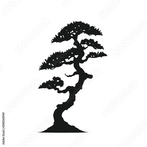 A silhouette of a bonsai tree with twisted, gnarled branches against a white background 