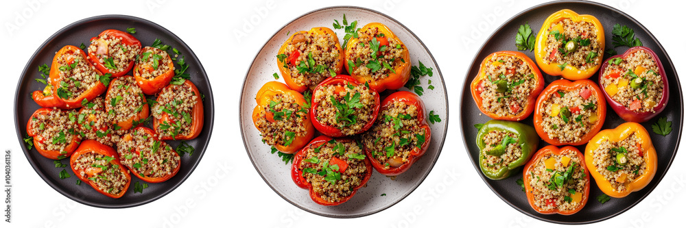 Colorful stuffed peppers garnished with herbs, served in plates, showcasing a delightful and appetizing culinary dish. clipart, isolated on transparent background Colorful stuffed peppers garnished with herbs, served in plates, showcasing a delightful and appetizing culinary dish. clipart, isolated on transparent background