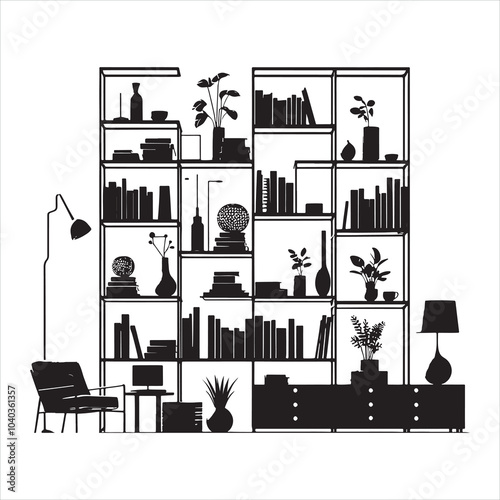 Modern Bookshelf silhouette on white background
