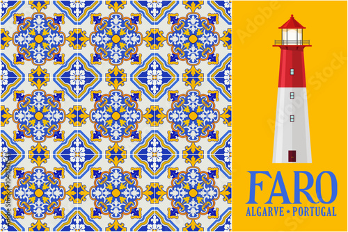 Colorful ceramic tiles and Lighthouse. City of Faro. Portuguese hydraulic ceramics. Farol Island. Algarve, Portugal, Europe. Digital design. EPS illustration. 