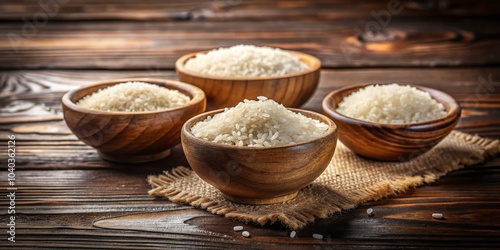 Vintage Style Close-Up of Rustic Wooden Bowls Filled with White Rice on Wood Surface for Food Photography