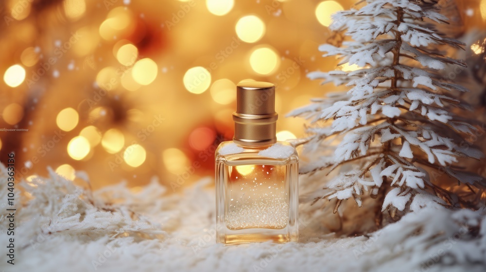 A stylish perfume bottle sits on soft snow, illuminated by a warm, festive bokeh background, evoking a cozy holiday ambiance.