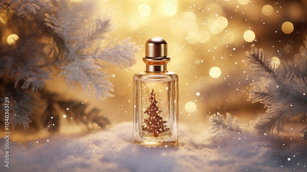 A festive perfume bottle with a tree design, set against a warm, bokeh-filled background, surrounded by soft snow and pine branches. A festive perfume bottle with a tree design, set against a warm, bokeh-filled background, surrounded by soft snow and pine branches.