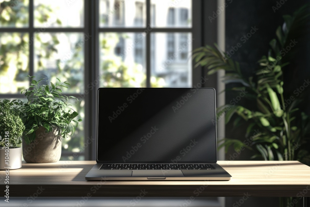 A modern laptop sits on a wooden desk, illuminated by natural light coming through a window adorned with plants. Generative AI