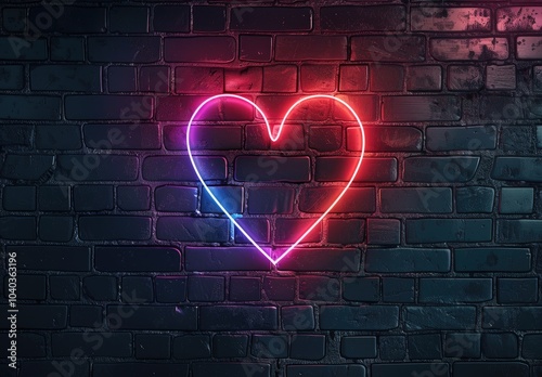 Radiant neon heart shaped frame rustic brick wall background for Valentine Day messages and romantic celebrations electric symbol of love glows brightly offering striking contrast to dark backdrop