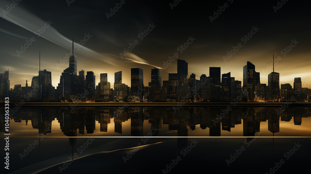 Obraz premium Futuristic city skyline at dusk with golden reflections on water