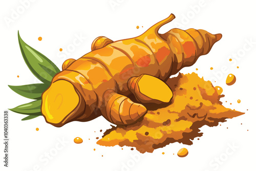 Watercolor Turmeric Bright Orange Roots and Slices,  Illustration on White Background