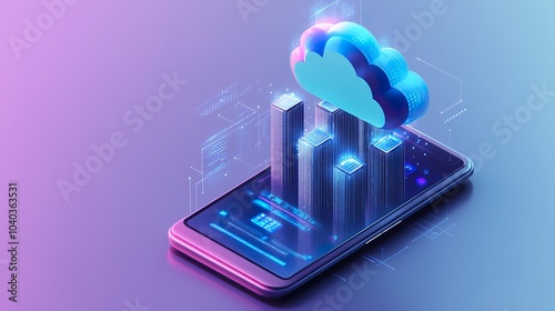 Wallpaper Mural 3D isometric illustration of Smart city on-screen smartphone. Modern future skyscrapers communicate with cloud storage. A digital cloud hanging over a smart city on a touchscreen smartphone. Torontodigital.ca