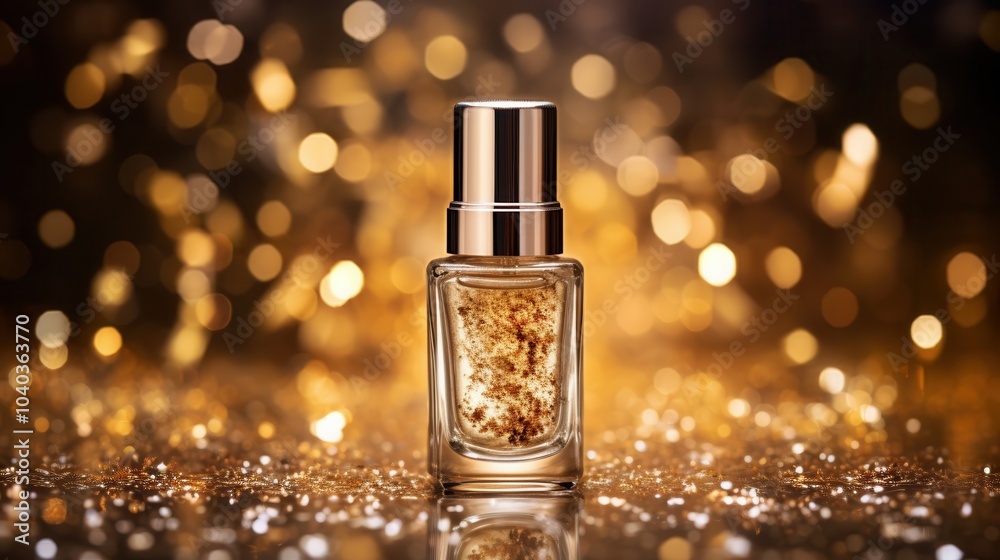 A shimmering gold bottle of perfume stands against a sparkling golden backdrop, exuding luxury and elegance. A shimmering gold bottle of perfume stands against a sparkling golden backdrop, exuding luxury and elegance.