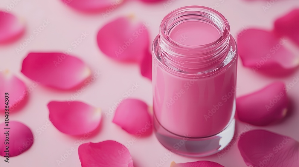 A glass nail polish bottle sits amid scattered pink rose petals, creating a soft, romantic aesthetic. A glass nail polish bottle sits amid scattered pink rose petals, creating a soft, romantic aesthetic.