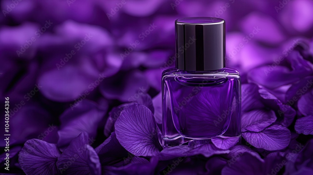 A vibrant purple nail polish bottle among lush purple flower petals, creating an enchanting and luxurious visual display. A vibrant purple nail polish bottle among lush purple flower petals, creating an enchanting and luxurious visual display.