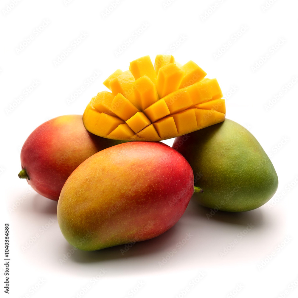 mangoes whole and sliced scattered around background concept isolated white mangoes whole and sliced scattered around background concept isolated white