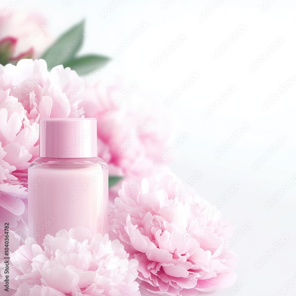 A soft pink bottle is nestled among delicate pink peonies, creating a serene and elegant beauty composition. A soft pink bottle is nestled among delicate pink peonies, creating a serene and elegant beauty composition.