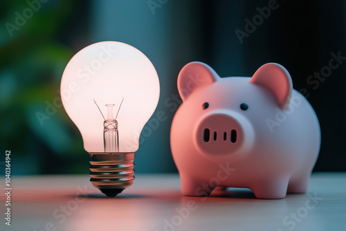 Light bulb and piggy bank on table photo