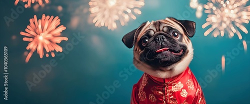 Pug dog wearing red traditional costume with fireworks. Holiday celebration and pet fashion content. Place for text