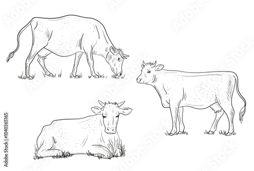 
Set of cow sketches. grazing in the meadow.
