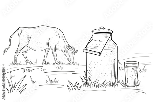 Rural landscape with cow and milk. Hand drawn village sketch with agriculture and domestic animals, pasture and house. Dairy products, harvest and countryside concept. Linear flat vector illustration