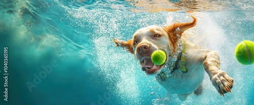 Dog catching tennis ball underwater in pool. Pet action and swimming content photo