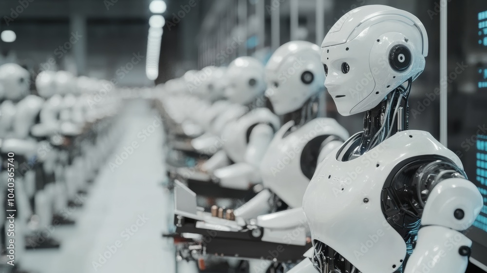 AI-driven robotic companion factory, production line with humanoid robots and assembly stations, High-tech style AI-driven robotic companion factory, production line with humanoid robots and assembly stations, High-tech style