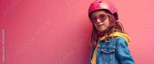 Girl in denim jacket and pink helmet with glasses on pink background. Youth sports safety and fashion marketing photo